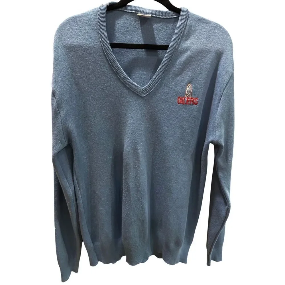 Houston Oilers Vintage Garan NFL Blue V Neck Pullover Sweater Made in USA Large